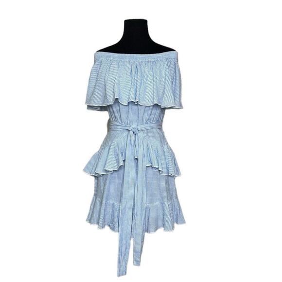 Topshop Blue & White Pinstripe Frill Bardot Ruffled Mini Dress size 4 boho date - Picture 2 of 9